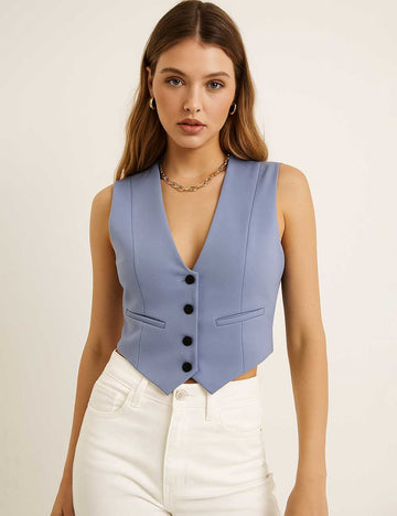 Ladies Solid Color V-Neck Button Cropped Waistcoat Top