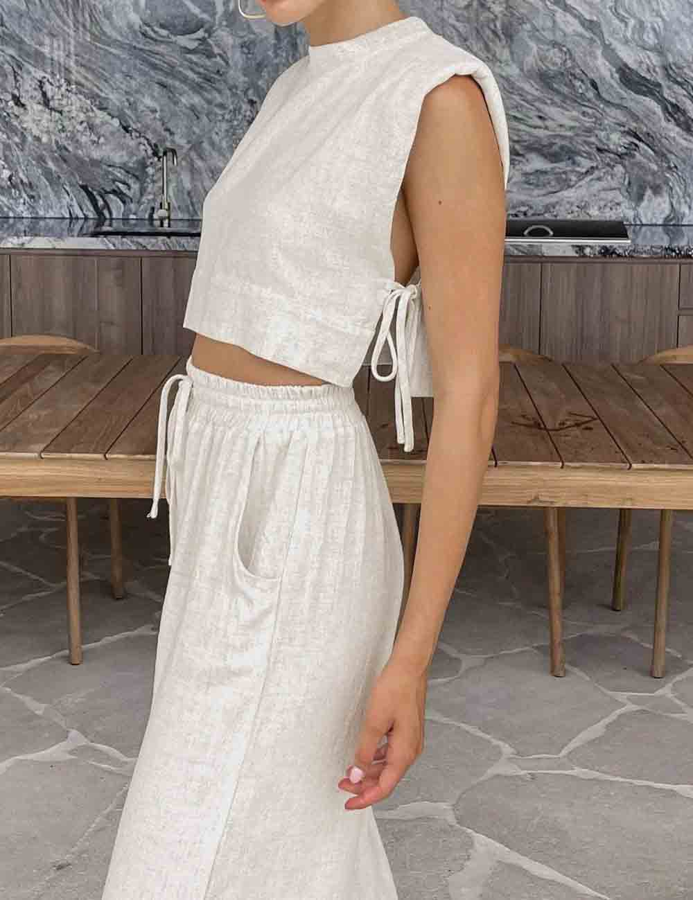 Linen Sleeveless Crop Top and Pants 2PCS Set 2TZ2186