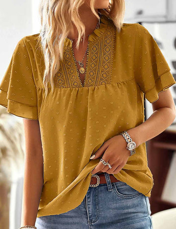 Ladies V-Neck Jacquard Eyelet Flared Short Sleeves Blouse