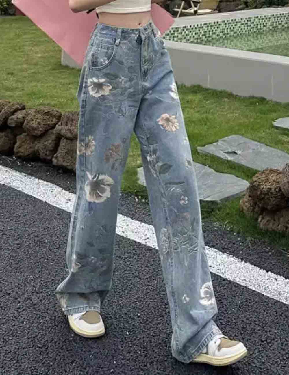 Ladies Floral Print Straight Leg Denim Pants