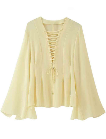 Ladies Solid Color V-Neck Tie Flared Long Sleeves Mesh Blouse