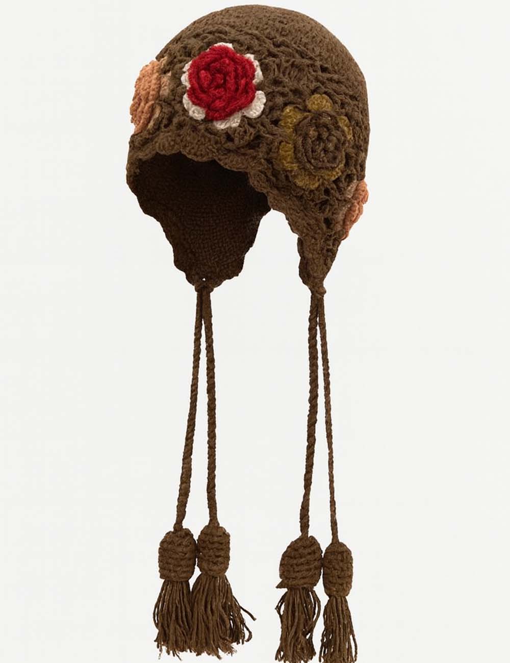 Ladies 3D Floral Crochet Knit Hollow Out Tassel Hat