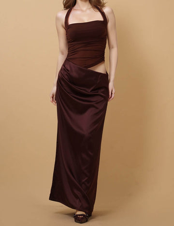 Ladies Mesh Splicing Waist Cut Out Halter Maxi Dress 8SKD51323