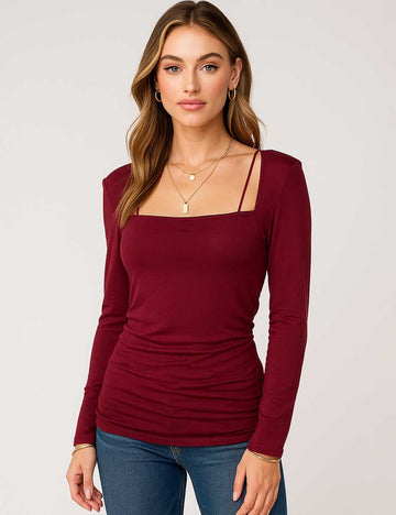 Ladies Solid Color Square Neck Ruched Layering Top