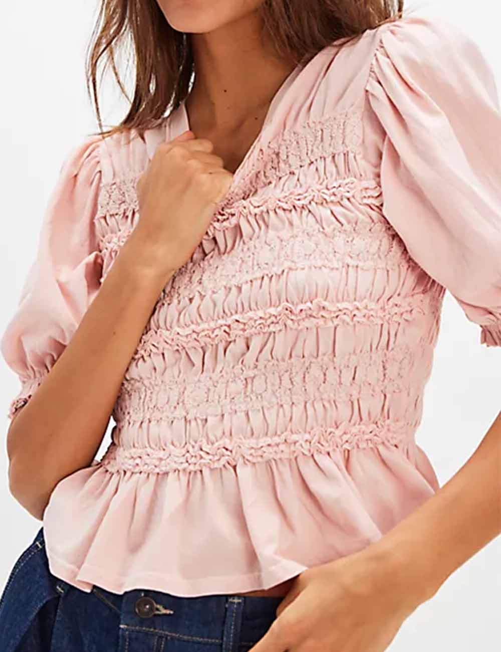 Ladies Lace Ruffle Smocked Bodice Puff Short Sleeves Top