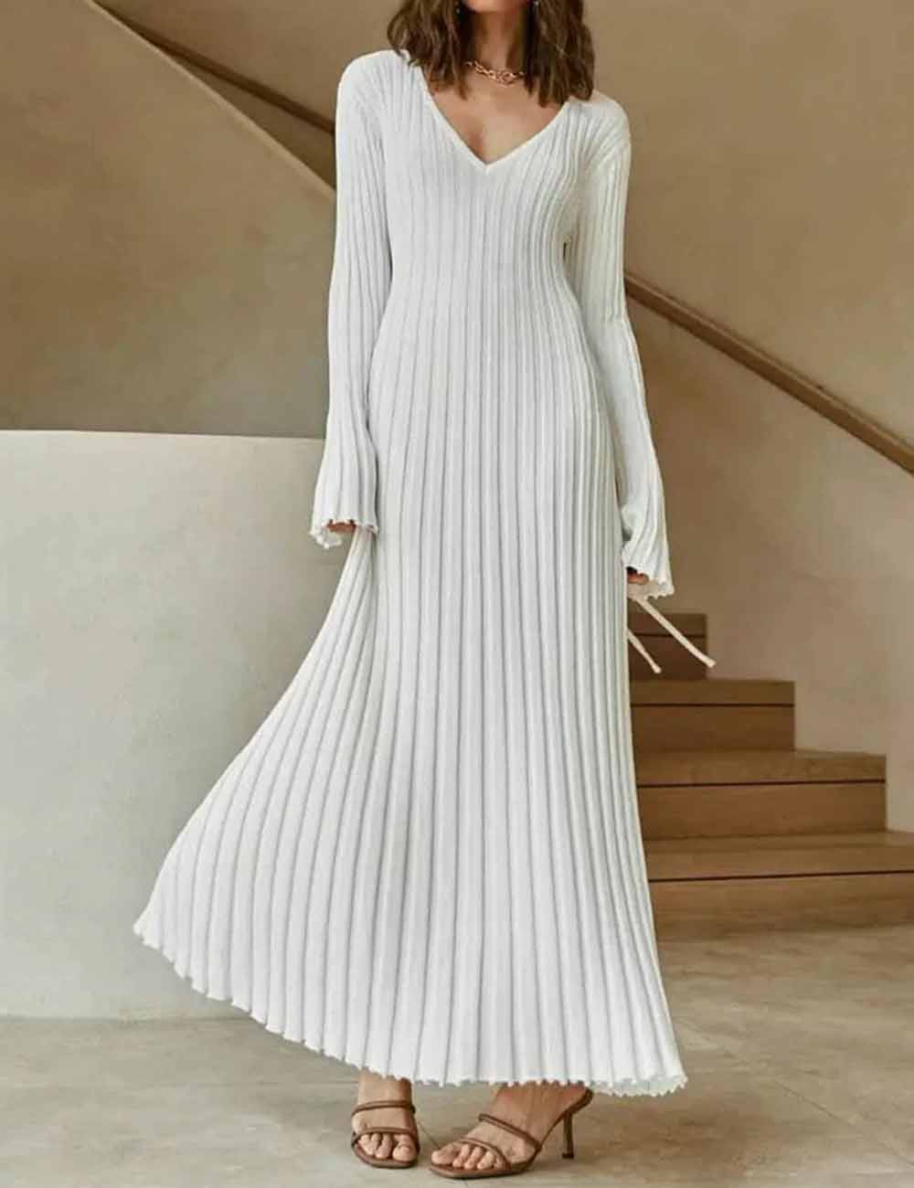 Ladies V-Neck Long Sleeves Large Hem Knit Dress 0728-1#