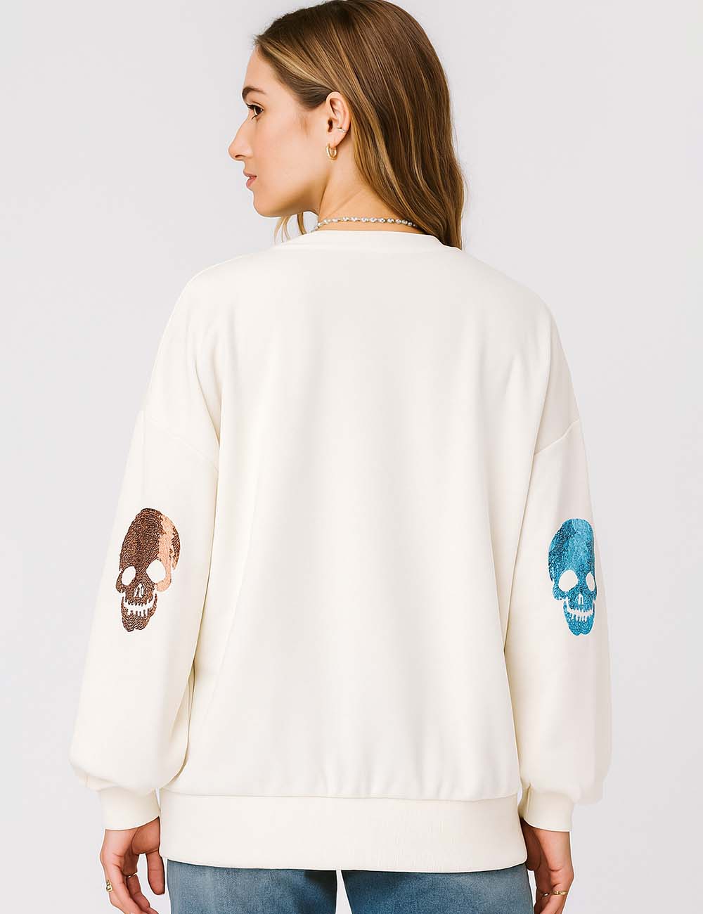 Ladies Halloween Sequin Skull Round Neck Long Sleeves Sweatshirt