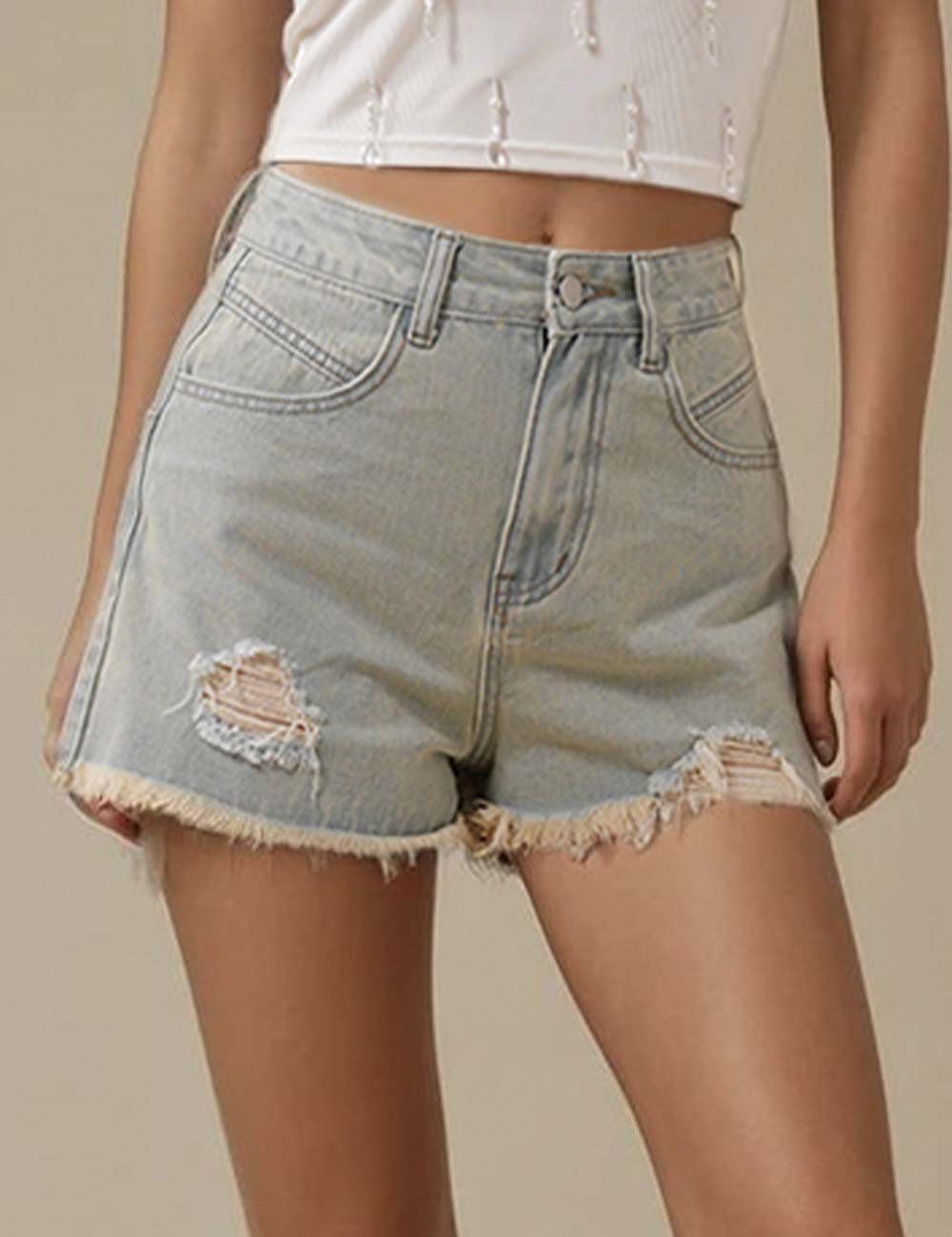 Ladies Distressed Button Closure Denim Shorts SKS5VA38