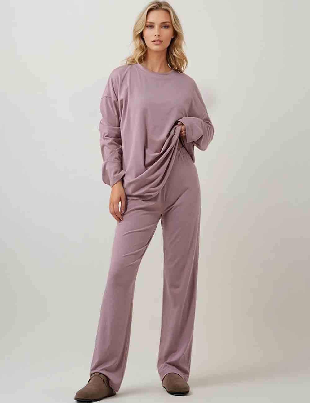 Ladies Round Neck Solid Color Long Sleeves Loungewear Set