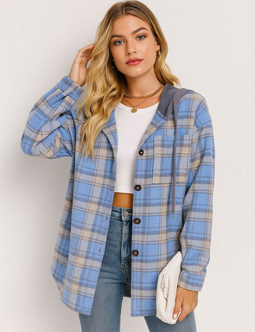 Ladies Plaid Brushed Flannel Hooded Collar Jacket