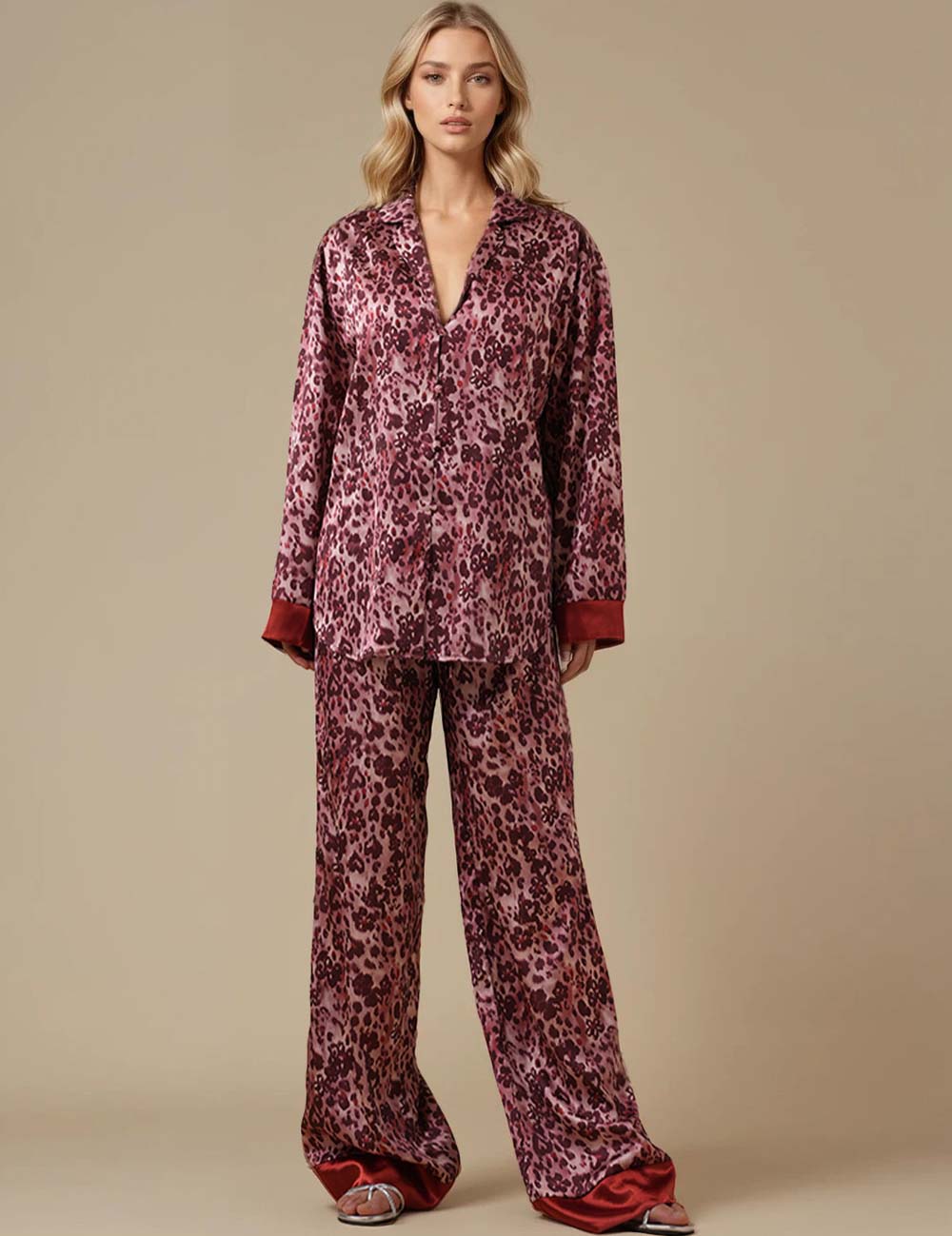 Ladies Leopard Button Closure Top & Pants Lounge Set SKST5KC1803
