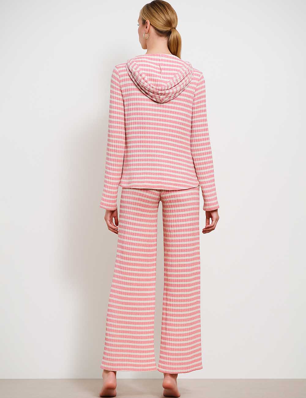 Ladies Striped Color Block Hoodie Tie Sweatshirt & Pants Set