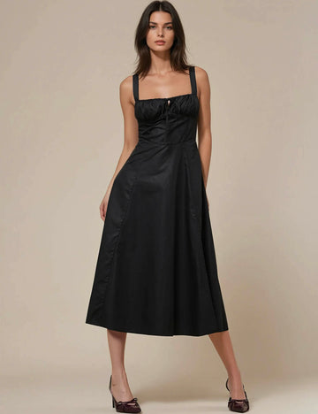 Ladies Solid Color Strap Shoulder Midi Dress SKD50243