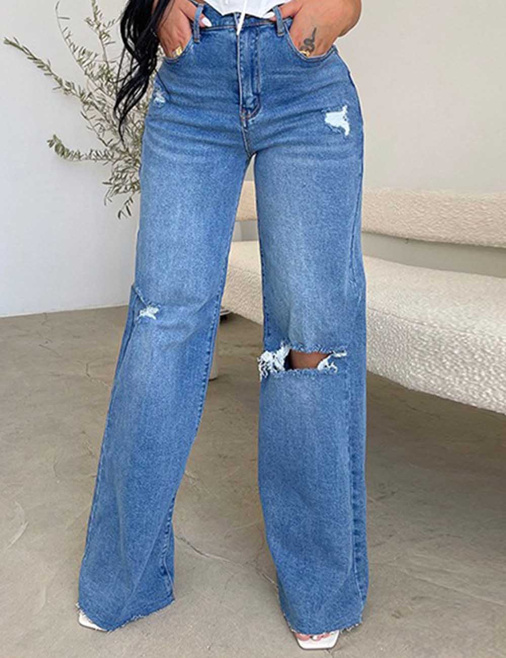 Ladies Distressed Wide Leg Denim Pants