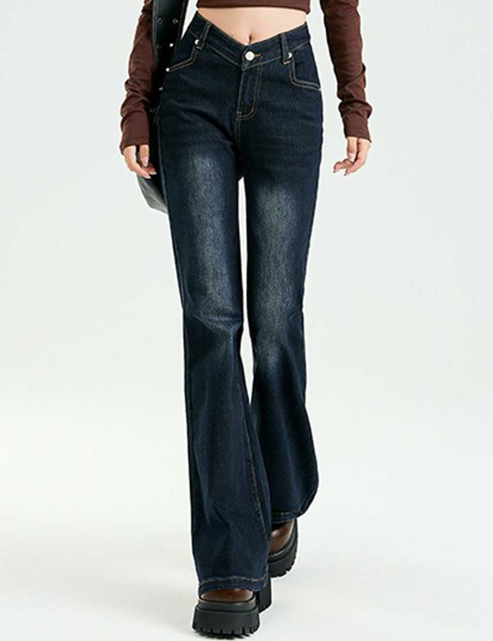 Ladies Button Pocket Flared Leg Denim Pants