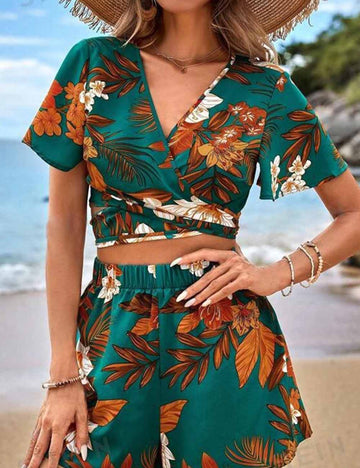 Ladies Botanical Print Beach Wrap Cropped Top & Shorts Set
