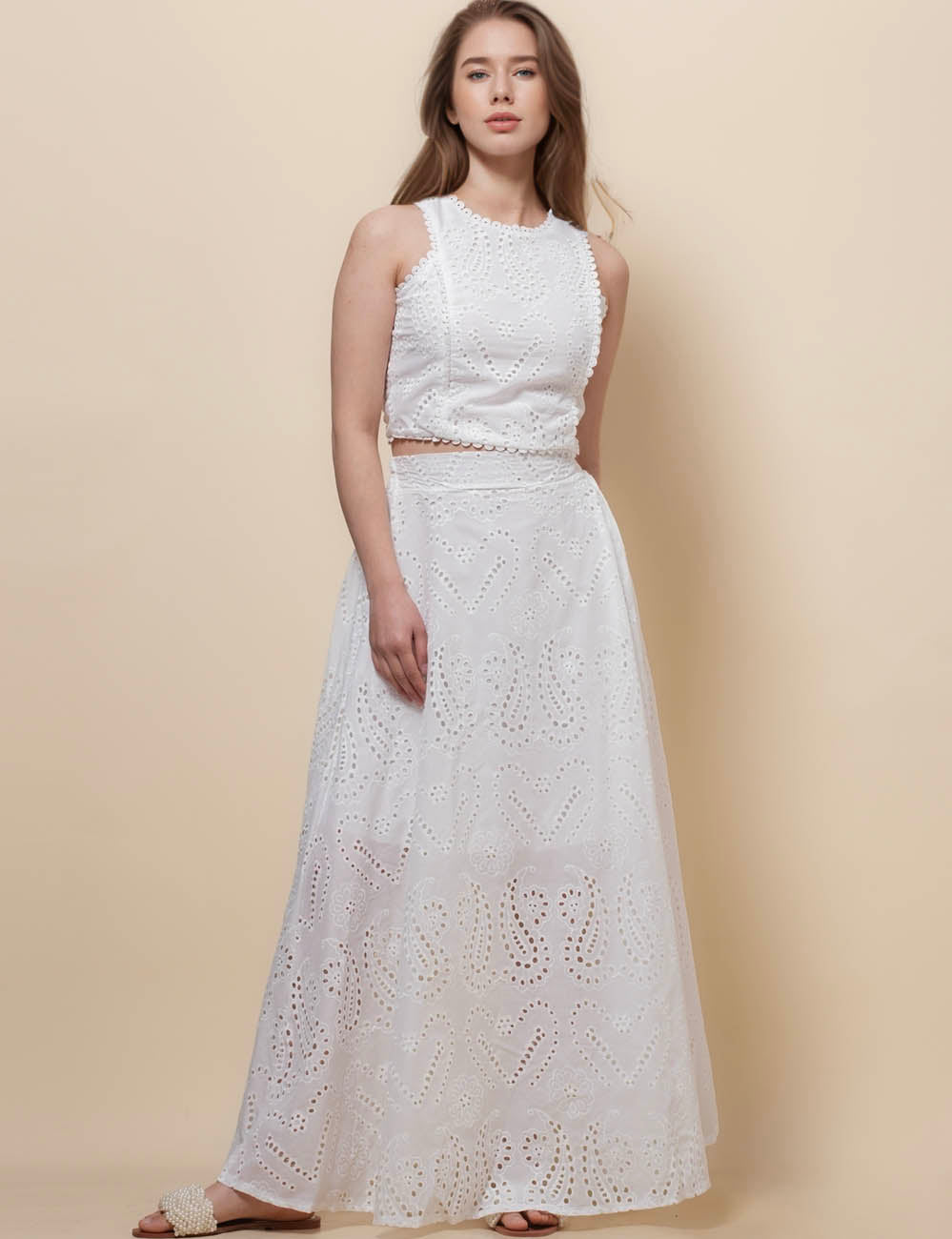 Women Eyelet Top and Midi Skirt 2PCS Set SKST50362