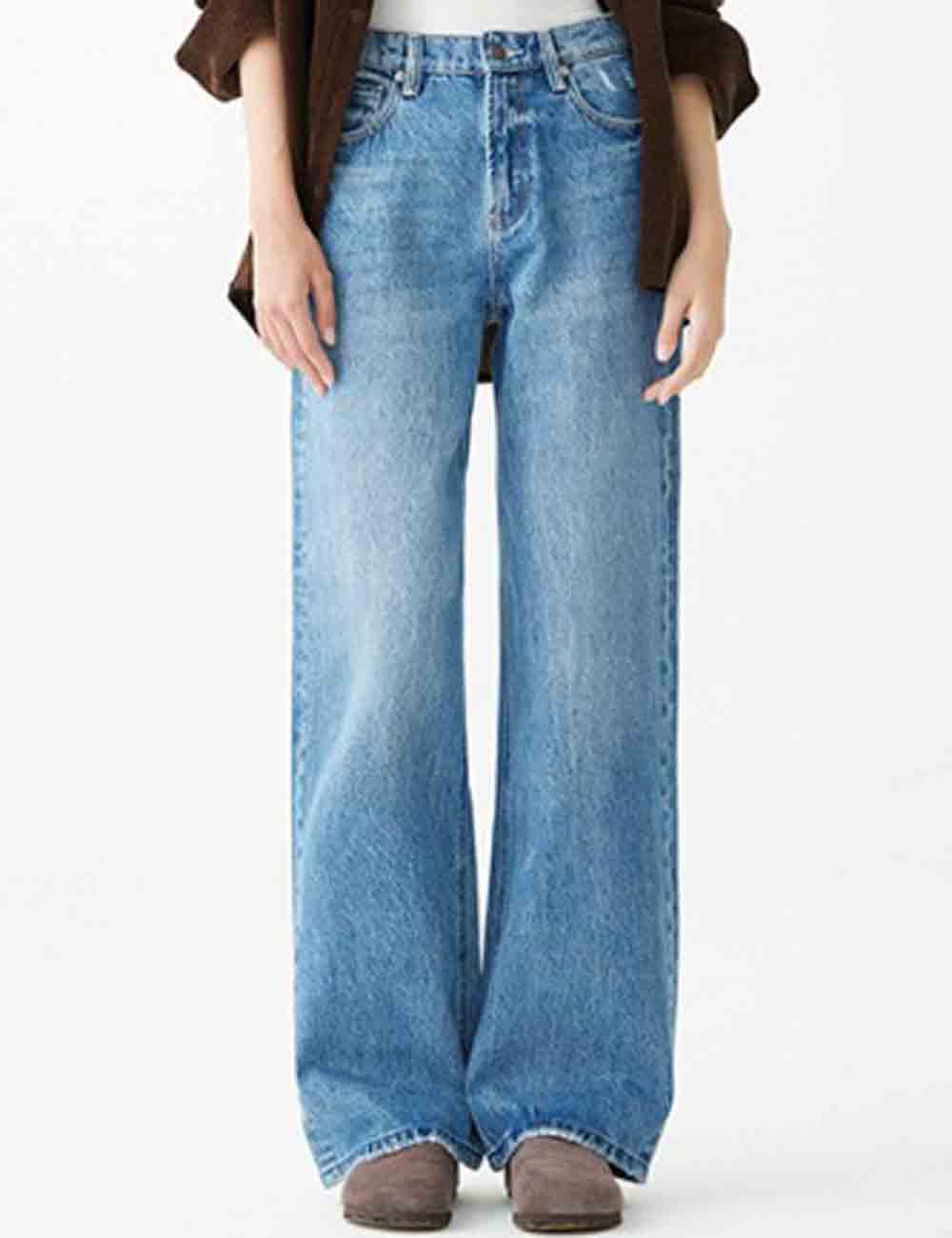 Ladies Button Pocket Straight Leg Denim Pants