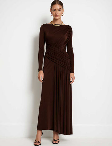 Ladies Solid Color Irregular Wrinkle Long Sleeves Maxi Dress