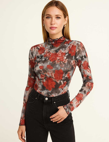 Women Flower Print Blouse See Sheer Mesh Layering Top
