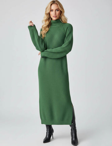 Ladies Solid Color Turtle Neck Long Sleeves Sweater Midi Dress