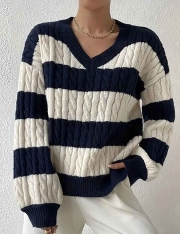 Ladies Striped Color Block V-Neck Long Sleeves Cable Knit Sweater