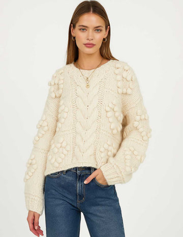 Ladies Solid Color Heart Pattern Long Sleeves Crochet Sweater