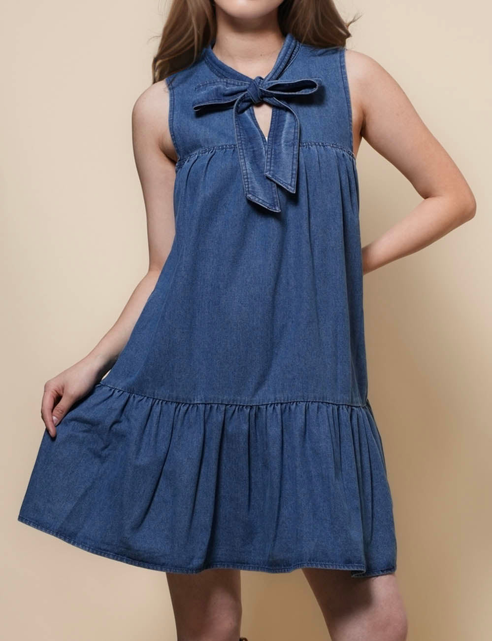 Ladies Sleeveless Strape Tie Denim Mini Dresss SKD50030