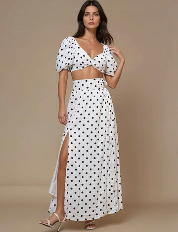 Ladies Polka Dot Crop Top Midi Skirt 2PCS Set SKST50357