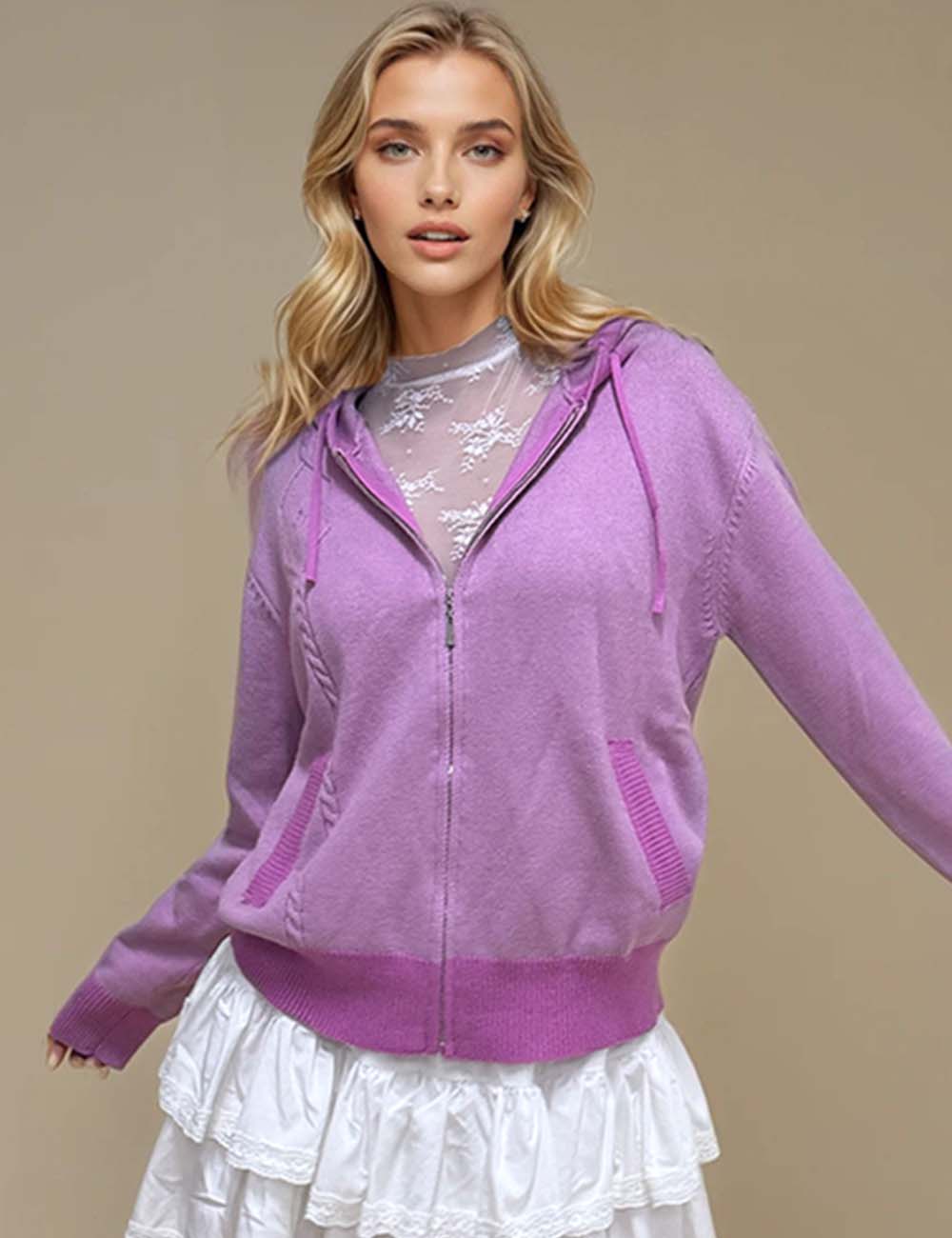 Ladies Solid Color Hoodie Cardigan Zipper Pocket Sweater Coat