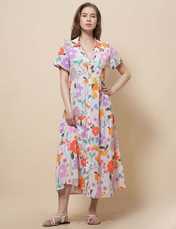 Ladies V-Neck Short Sleeves Print Midi Shirt Dress SKD51141