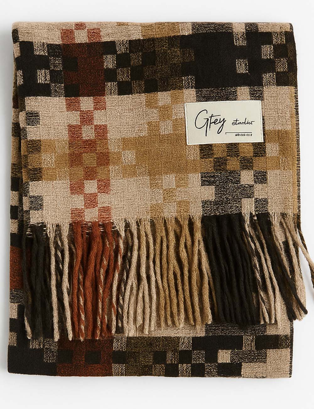 Ladies Color Block Plaid Pattern Tassel Hem Knit Scarf