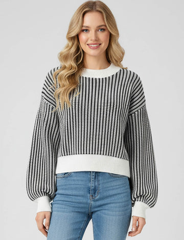Ladies Diamond Knit Color Block Pullover Lantern Sleeves Sweater