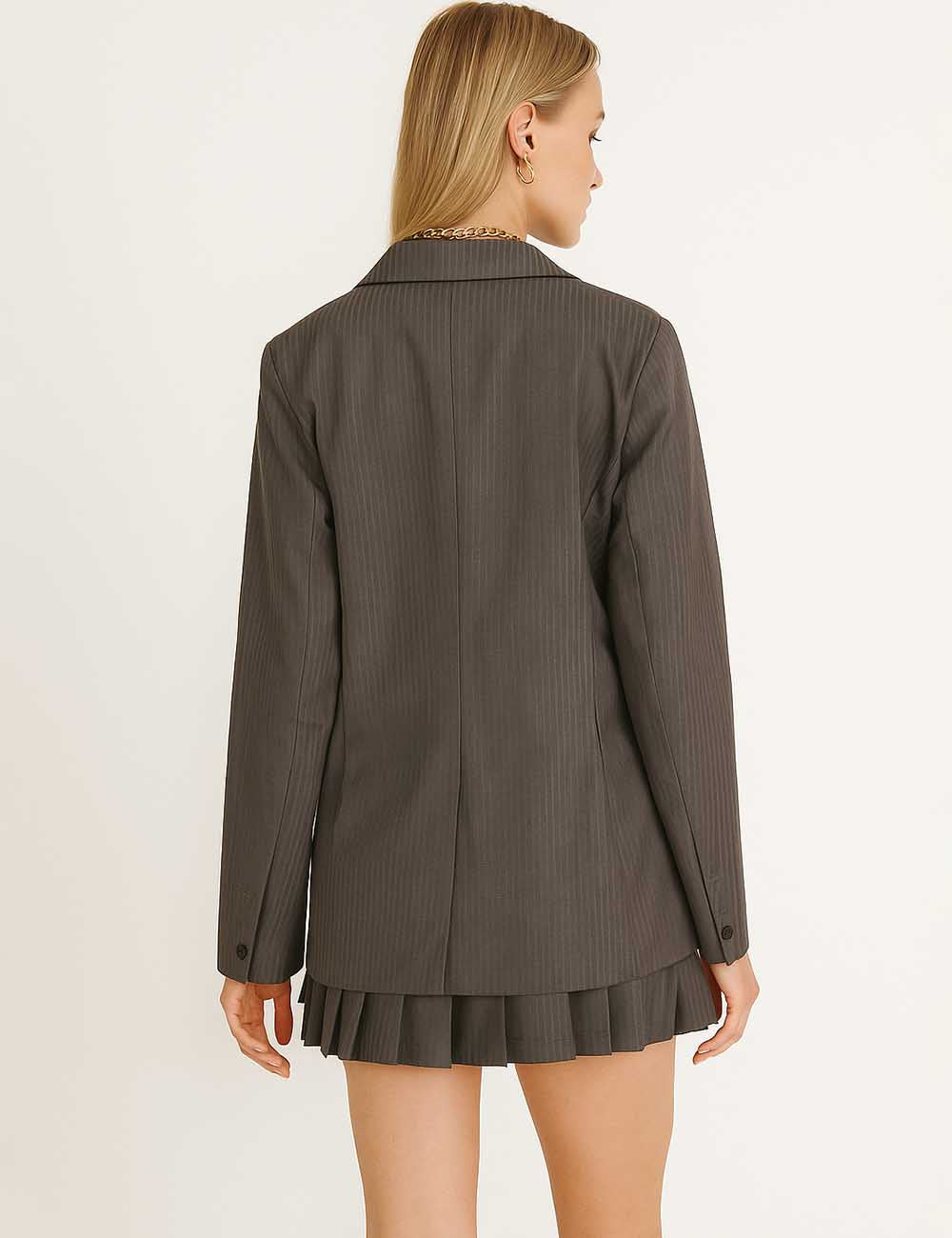 Ladies Striped Notched Lapel Blazer Pleated Mini Skirt 2PCS Set