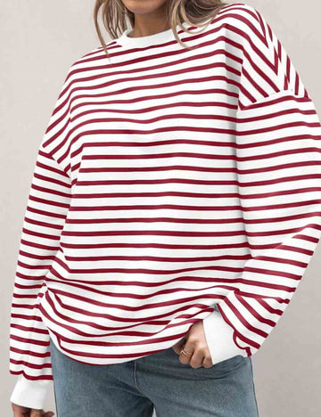 Ladies Round Neck Pullover Striped Long Sleeves Sweatshirt
