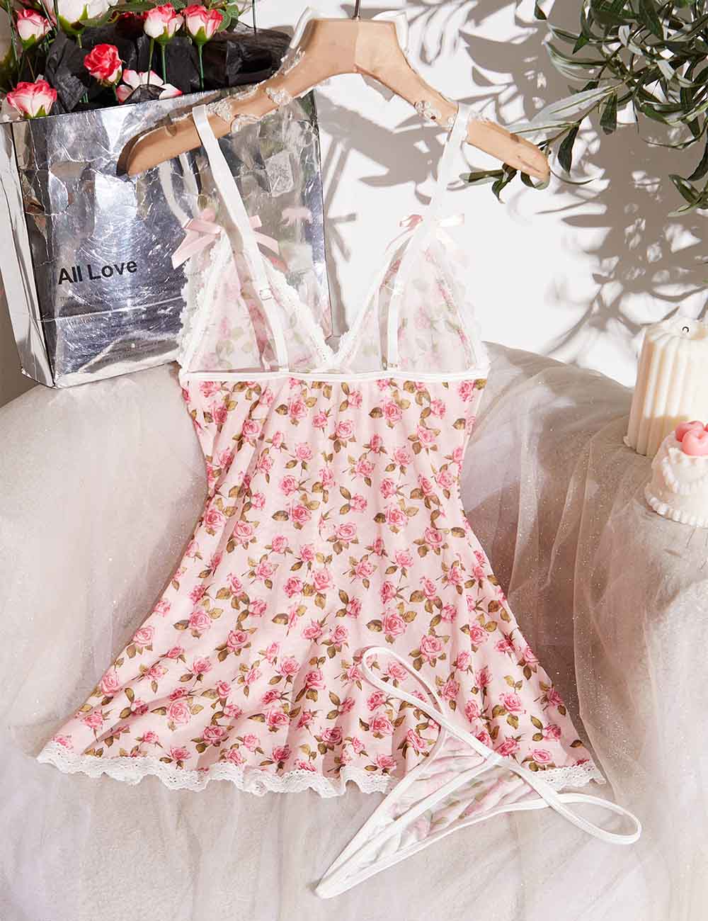 Ladies Sexy Rose Print Mesh Chemise Thong Lingerie Set