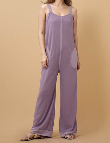 Ladies Solid Color Waffle Sleeveless Jumpsuit 8SKJ51266