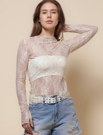 Ladies Turtle Neck See Sheer Lace Layring Top SKT41306