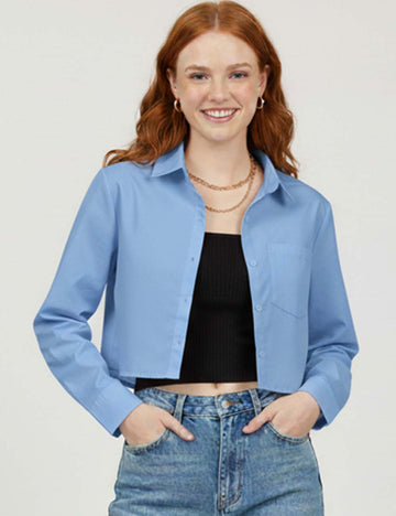 Ladies Turn Down Collar Long Sleeves Cropped Shirt