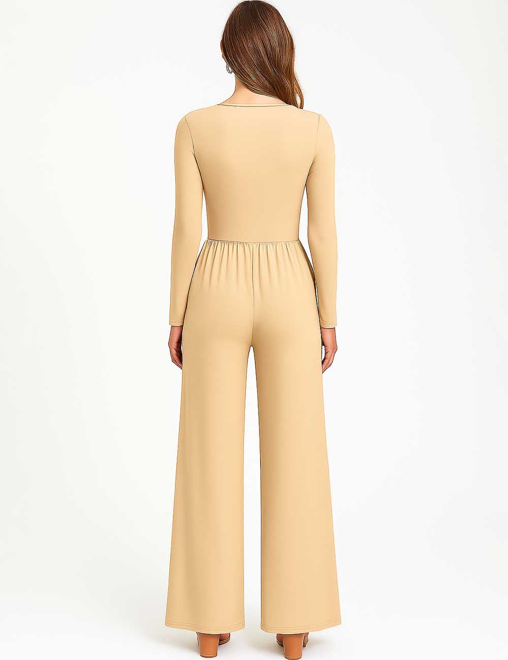 Ladies Solid Color Stretch Ruched U-Neck Wide Leg Jumpsuit