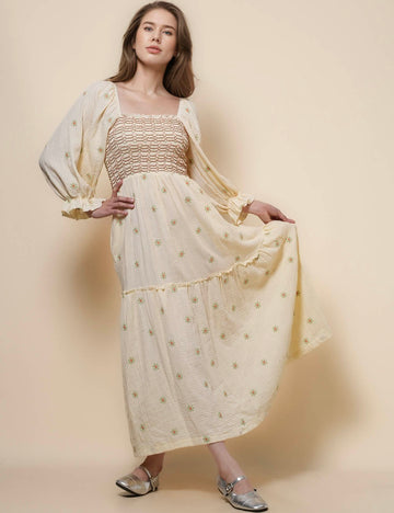 Ladies Long Sleeves Daisty Embroidery Midi Dress SKD50199