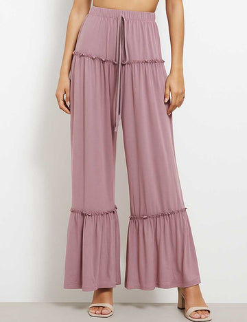 Ladies Stretch Ruched Ruffle Trim Flared Leg Pants