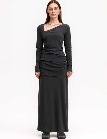 Ladies Irregular Neckline Ruched Top & Maxi Skirt 2PCS Set