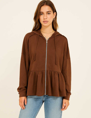 Ladies Ruffled Zipper Hoodie Drawstring Sweatshirt
