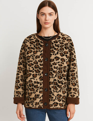 Ladies Polar Fleece Leopard Botton Jacket A34397