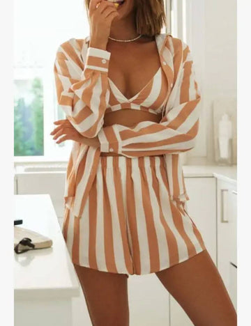 Ladies Stripe Top and Shorts Daily 3PCS Set SKST1704