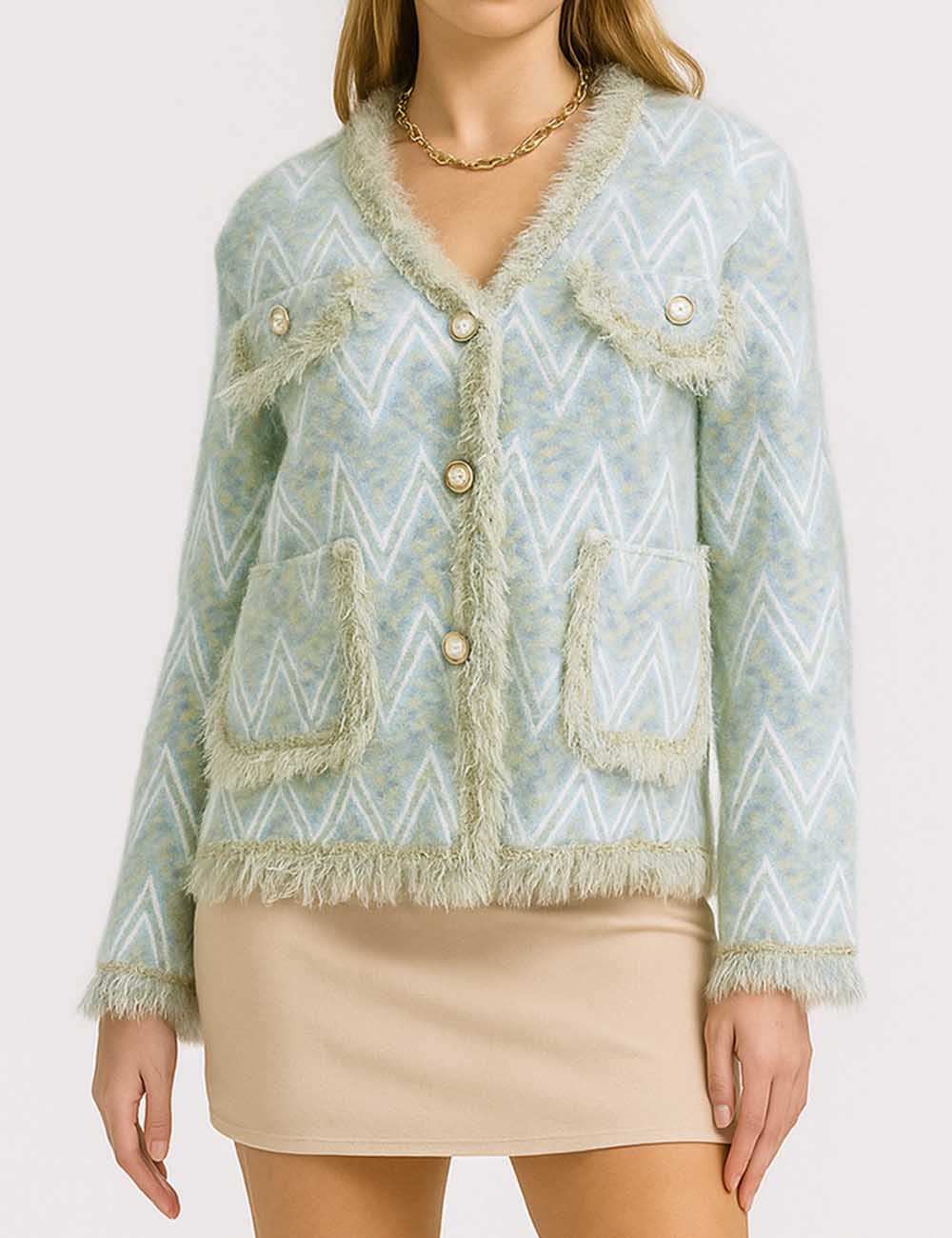 Ladies V-Neck Button Pocket Fringe Sweater Blazer Coat