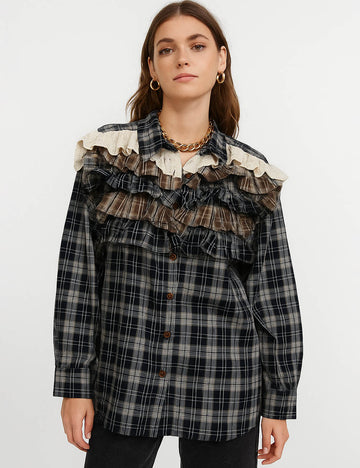 Ladies Plaid Print Tiered Ruffle Trim Button Down Shirt