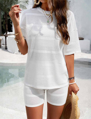 Ladies Round Neck Hollow Out Knit Short Sleeves Top & Shorts Set