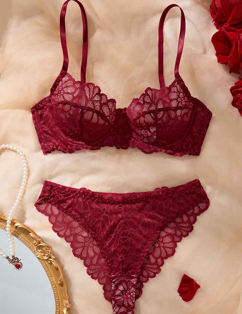 Ladies Sexy Sheer Lace Embroidery Scalloped Edge Lingerie Set